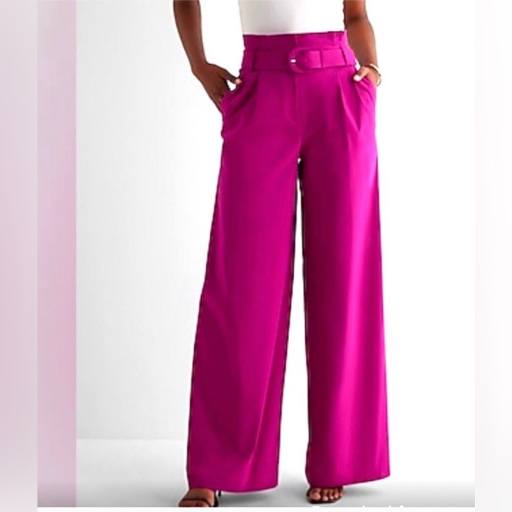 New Express Super high waisted, belted, paper bag, wide, leg pants
